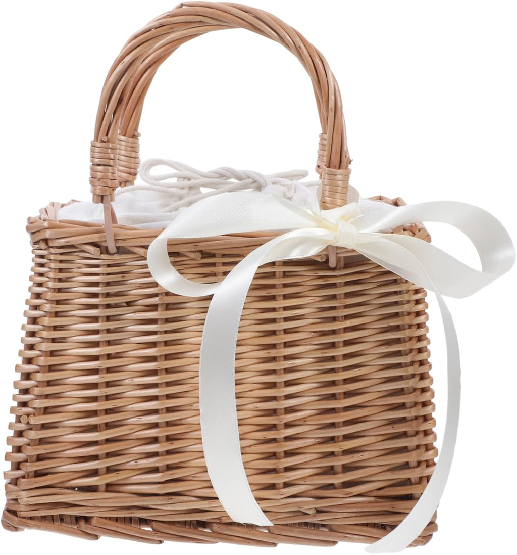 Rattan Flower Basket Container for Home Decoration and Gifts White Simulation Style, Rattan and Cotton Cloth, Portable Storage for Flowers, Proposal or Home Use