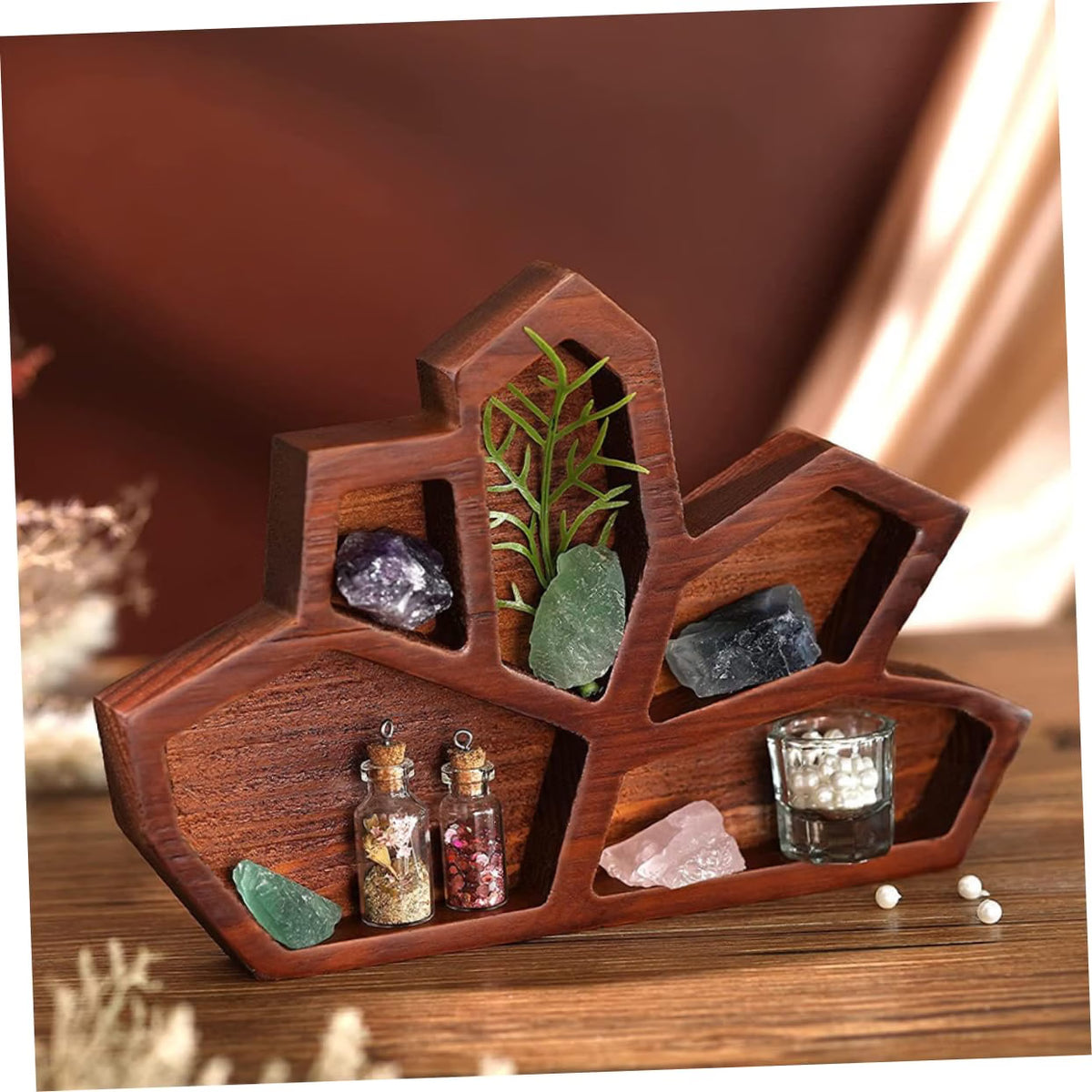 Wooden Crystal Display Plate for Jewelry and Essential Oils Natural Wood Texture, Unique Shape, Decorative Organizing Tray for Dresser or Store, Brown Finish