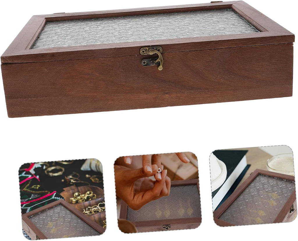 Wooden Jewelry Storage Box for Rings and Keys with Lid Coffee Tone, Antique Retro Style, Glass Top, Delicate Keepsake Organizer for Anniversary and New Year