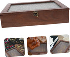 Wooden Jewelry Storage Box for Rings and Keys with Lid Coffee Tone, Antique Retro Style, Glass Top, Delicate Keepsake Organizer for Anniversary and New Year