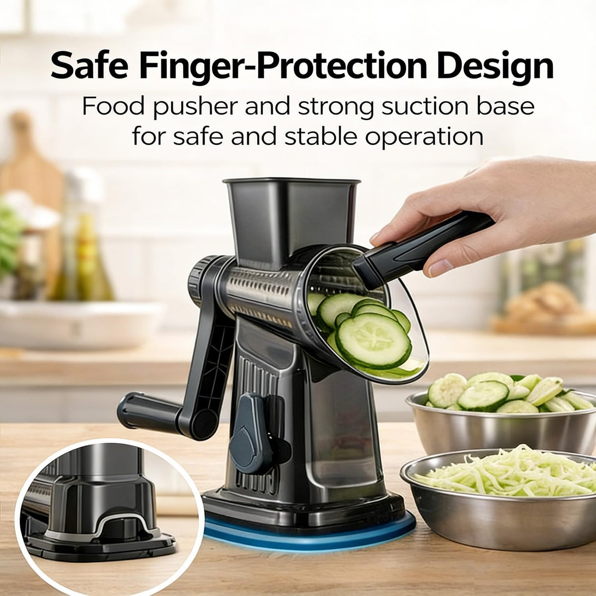 3-In-1 Manual Rotary Cheese Grater Vegetable Slicer with Suction Base