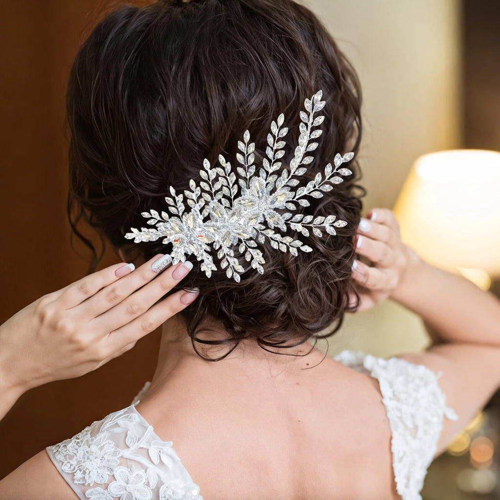 Bridal Crystal Hair Band, Silver Floral Leaf Wedding Headband with Ribbon & Adjustable Metal Band