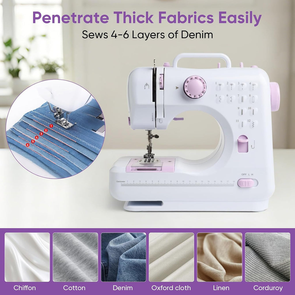 Portable Mini Sewing Machine for Beginners, 12 Stitches, 2-Speed, Foot Pedal, LED Light