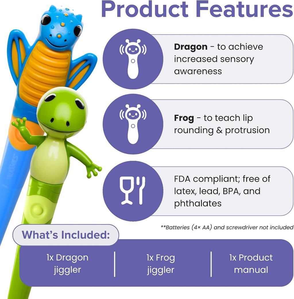 Jiggler Oral Motor Tool for Kids - Oral Facial Massager, Sensory Awareness for Jaw & Lips, Calming Vibration for Speech & Feeding | Dragon & Frog, Set of 2