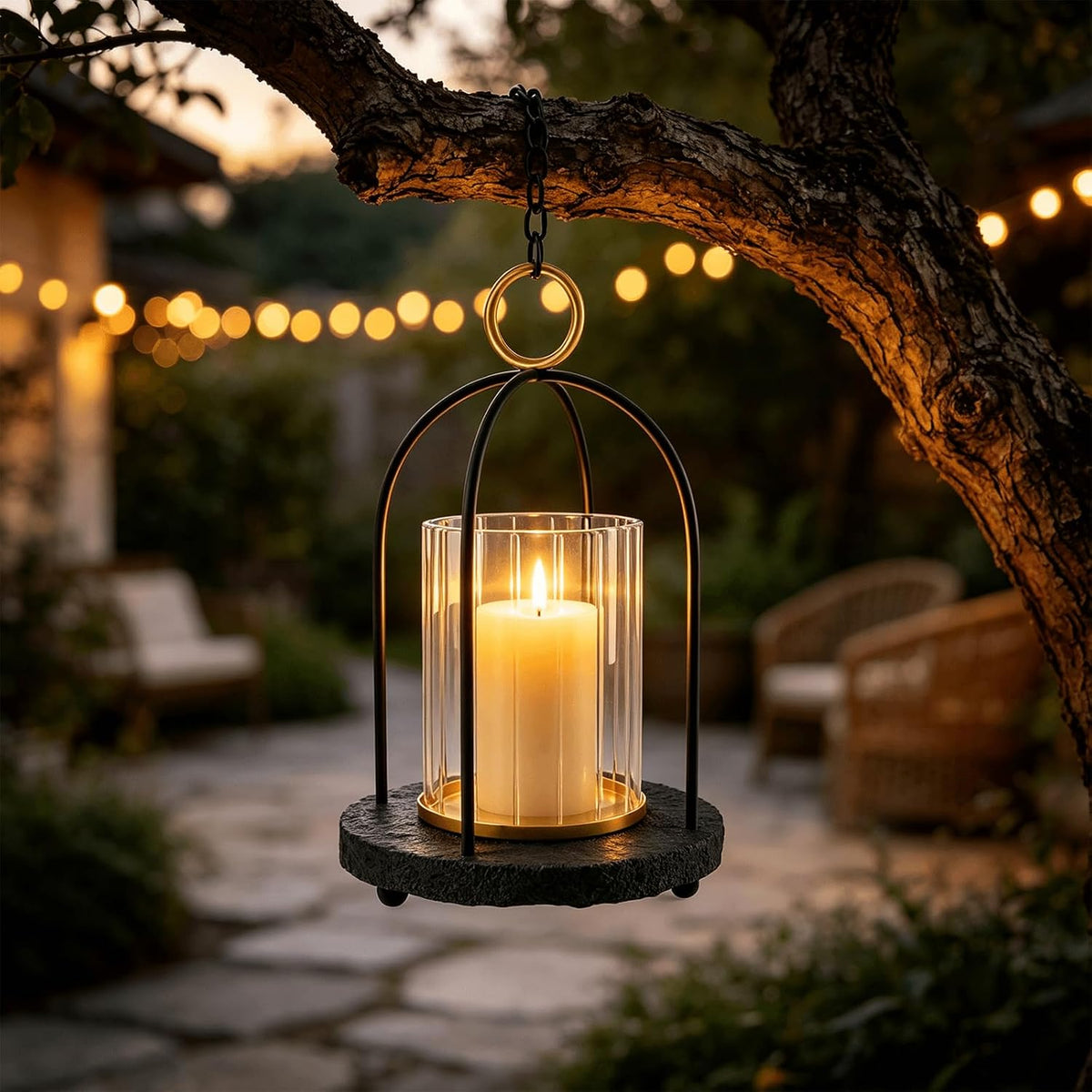 Hurricane Glass Candle Holder with Resin Base, Pillar Candle Lantern Black