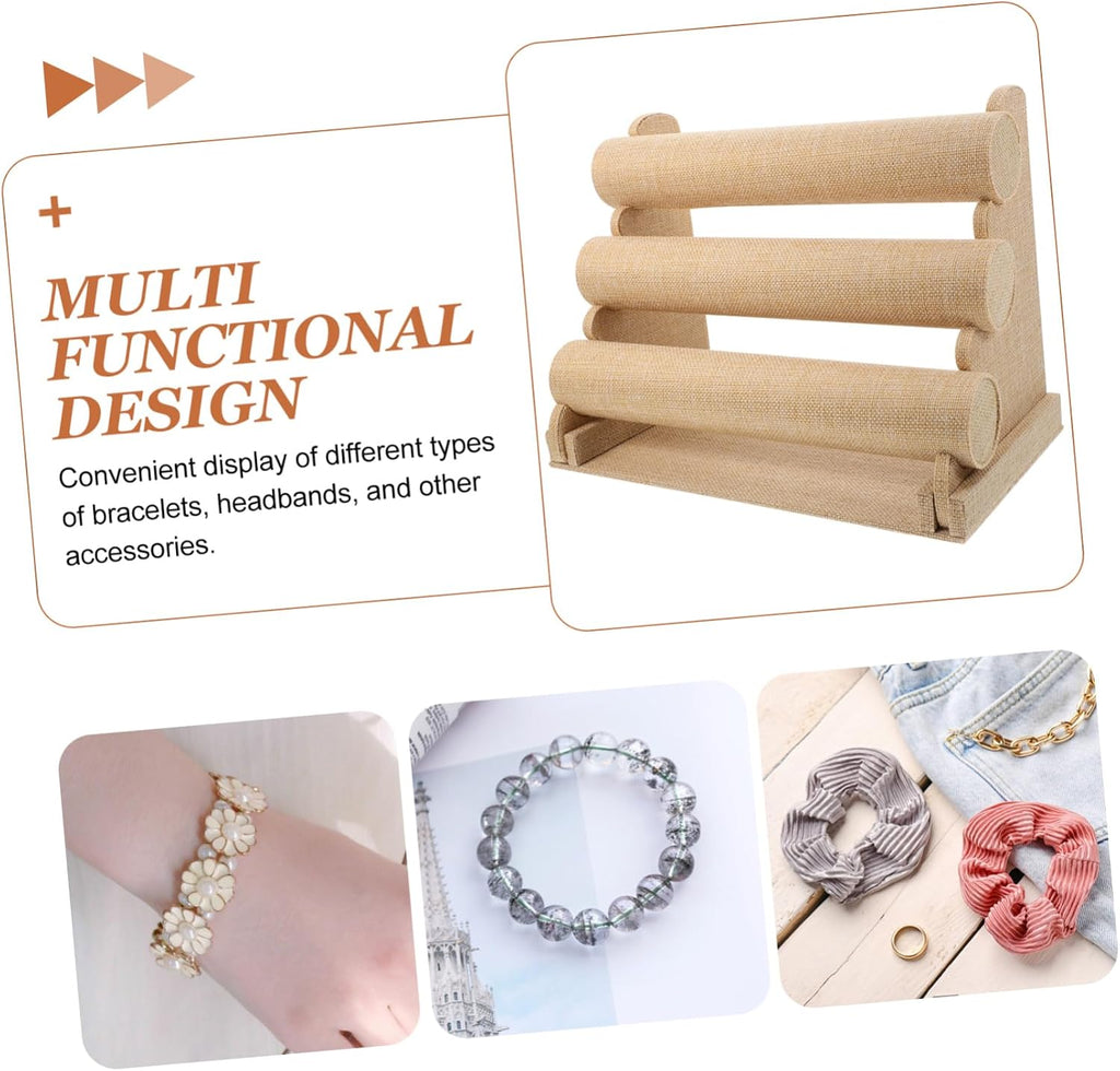 Bracelet Display Stand Multi Tier Tabletop Holder for Displays PVC Linen Wood Build, Beige Finish, Secure Platform for Collections, Versatile Use on Cases