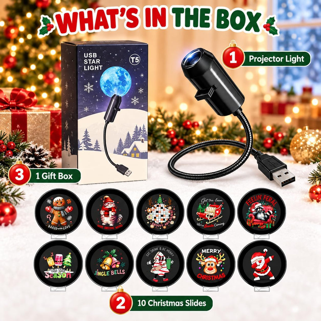 Plug and Play HD Christmas Projector, USB Christmas Projector Indoor USB 5V, 3W projector with flexible neck, slide accessory, and up to 9.2 ft projection distance for indoor holiday displays.