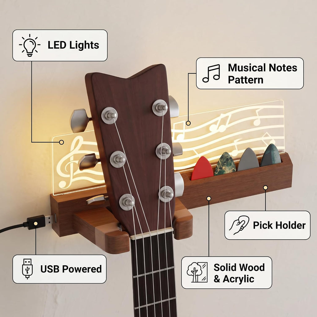 LED Guitar Wall Mount with Shelf, Wooden Guitar Hanger with Pick Holder, USB Powered