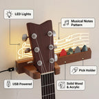 LED Guitar Wall Mount with Shelf, Wooden Guitar Hanger with Pick Holder, USB Powered
