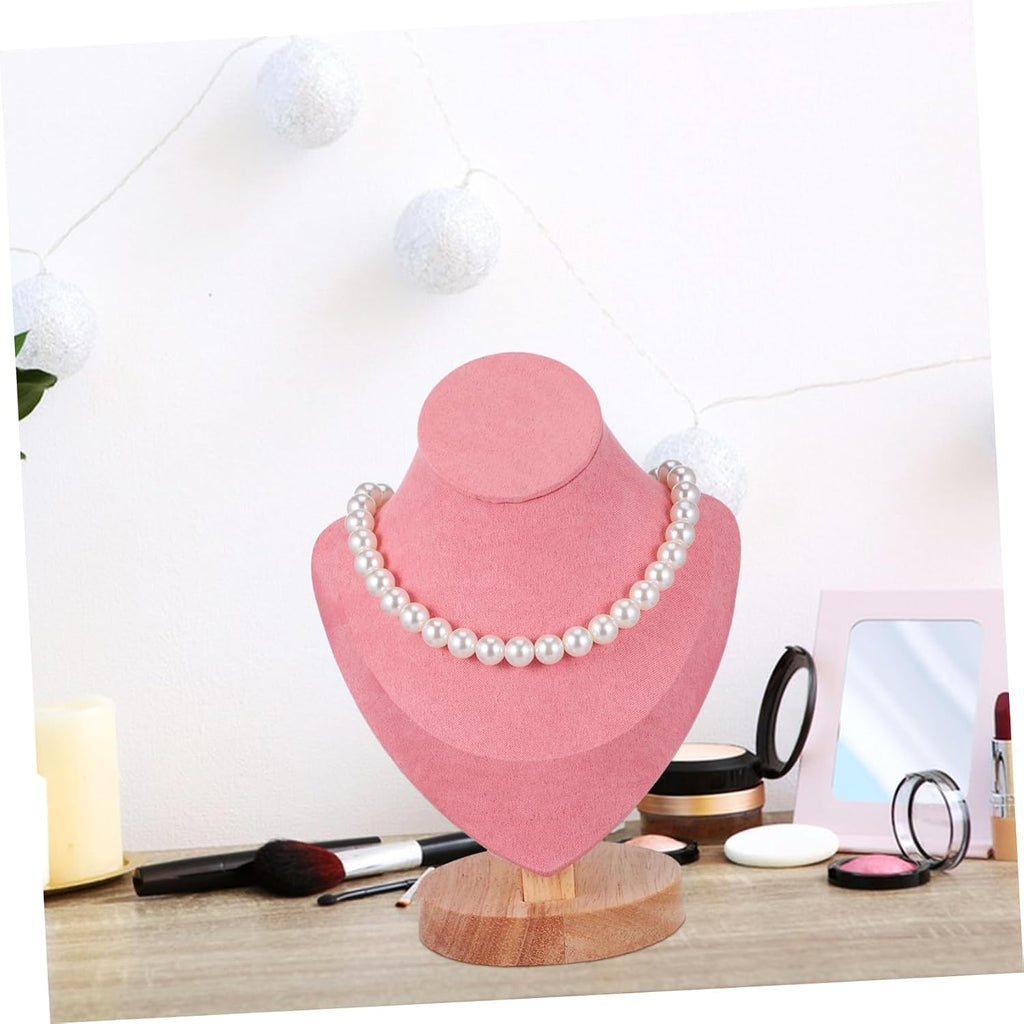 Pink Necklace Display Stand Jewelry Bust Holder Organizer Rack Wood and Cloth Materials, Mannequin Head Bust Shape, Decorative Room Decor, Giveaways, Multifunctional Use