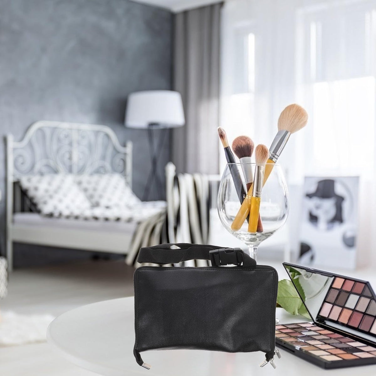 Large Cosmetic Makeup Brush Bag, PU Leather Waist Organizer with Belt Strap Compact Black Design, Lightweight Carry, Adjustable Strap, Zipper Closure, Portable Travel Storage
