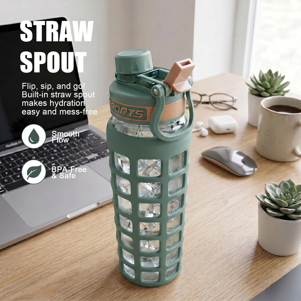 32 oz Borosilicate Glass Water Bottle, 2-in-1 Lid with Silicone Sleeve, Green