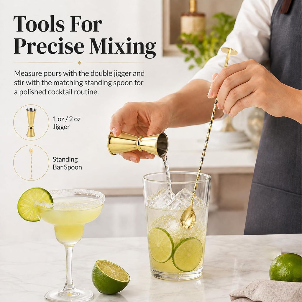 14 oz Clear Glass Cocktail Shaker with Gold Lid, Bartender Kit Cobbler Mixer with Built-In Strainer, Leak-Proof Clear Martini Shaker for Single-Serve Drinks