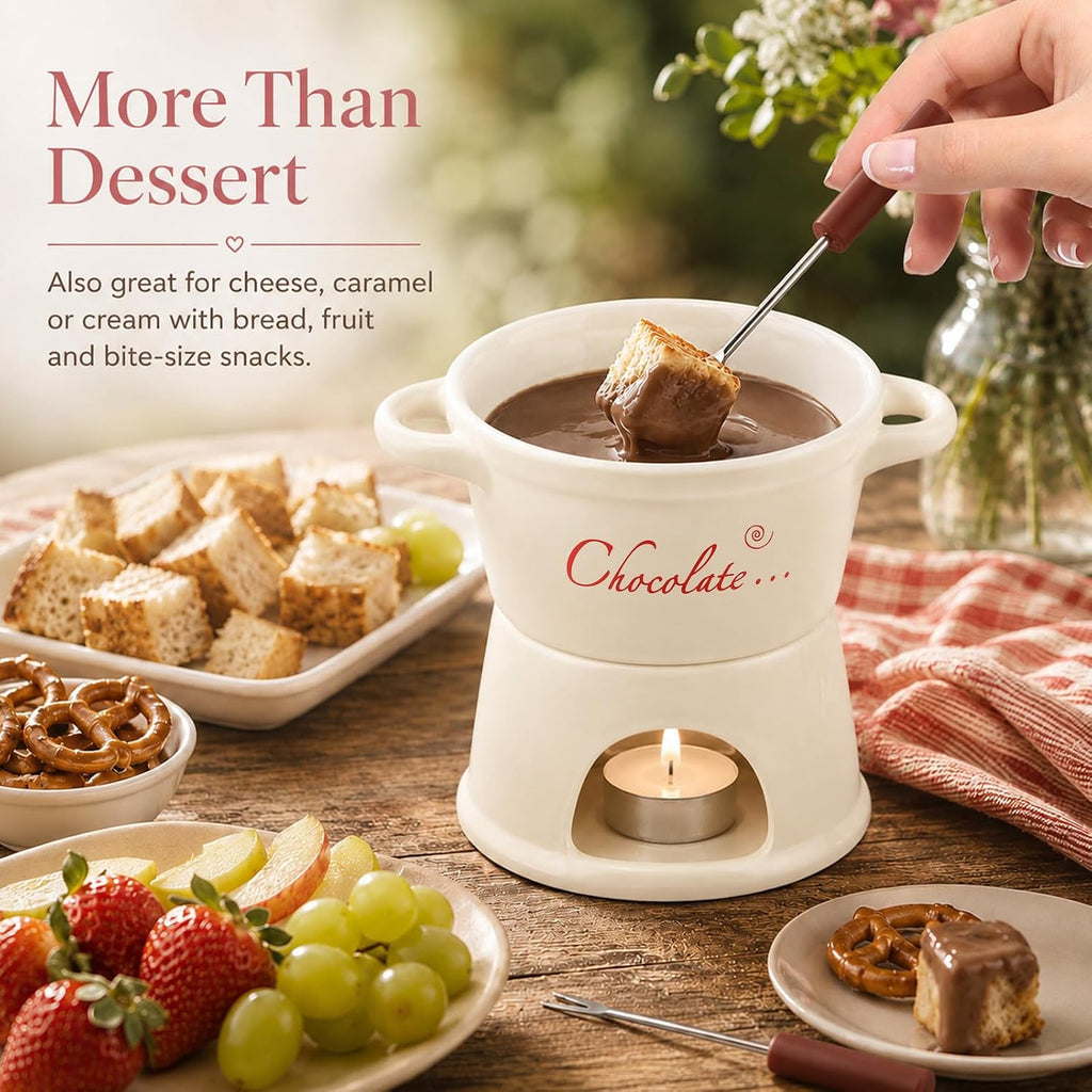 Fondue Pot Set, Ceramic Chocolate Melting Cup with 2 Forks, No Candles Mini Hot Pot Bowl can Melting Cheese Butter Chocolate Caramel, Gifts for Birthday Christmas Date Night Weddings Valentines