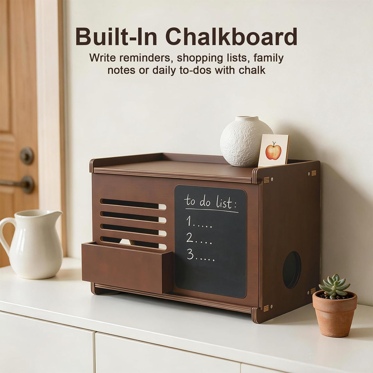WiFi Router Box Hider with Front Storage & Chalkboard, Wooden Router Shelf