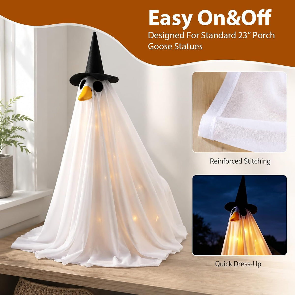Halloween Goose Outfits, Porch Goose Lighted Ghost Clothes, 23 inch Spooky Ghost Goose Costume with Hat and String Lights, Outdoor Porch Yard Decor