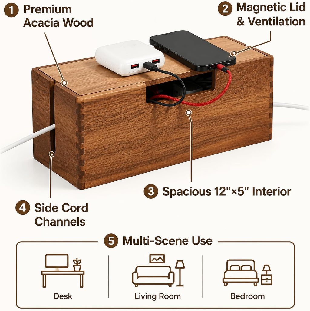 Acacia Wood Cable Management Box, Organizer for Power Strips, TV Wires & Desk Cables