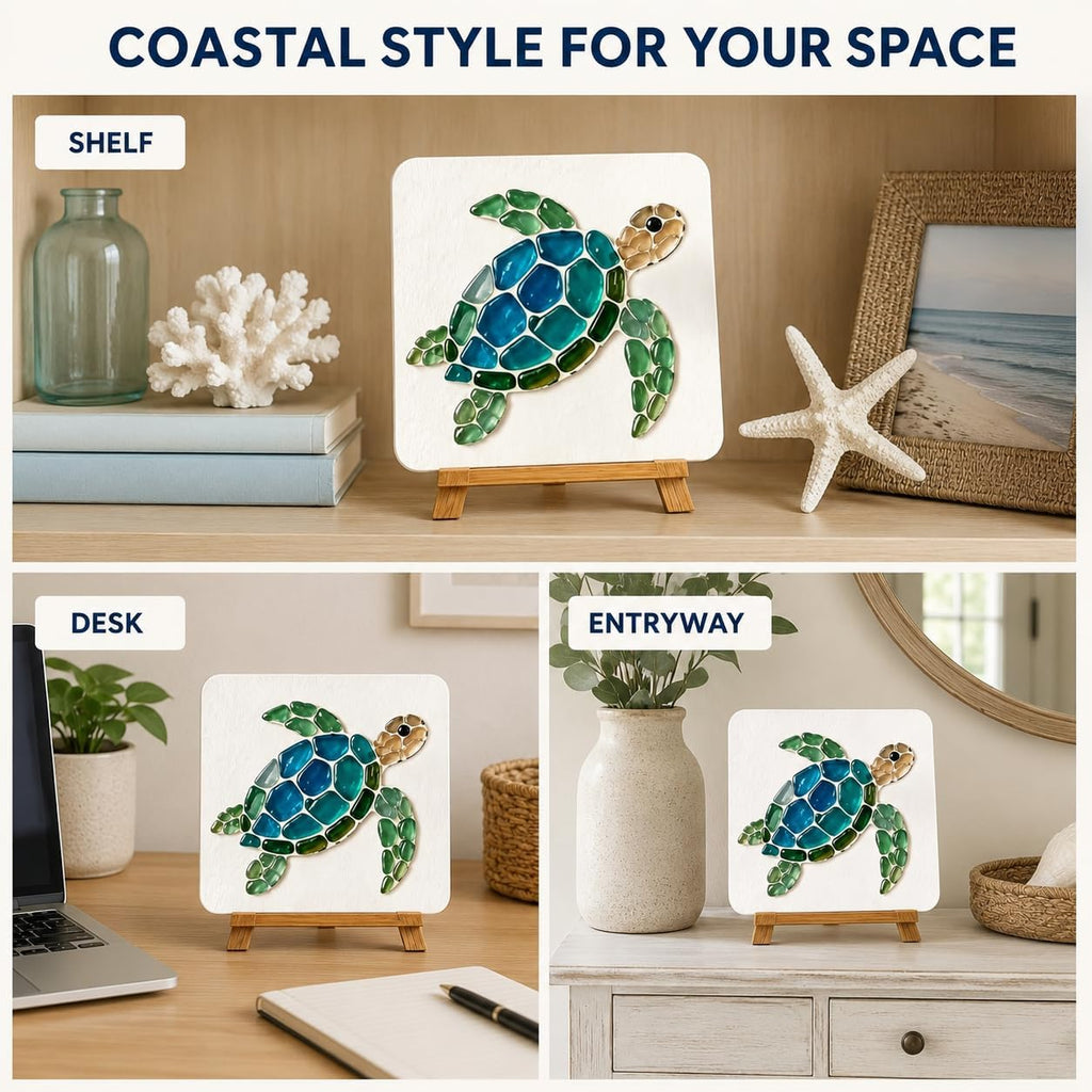 DIY Sea Glass Art Kit, Mosaic Craft Kit with Board, Stand and Glue (Type A) Sea glass art kit with board, stand, tweezers, instructions and glue stick for creating an ocean-inspired display.