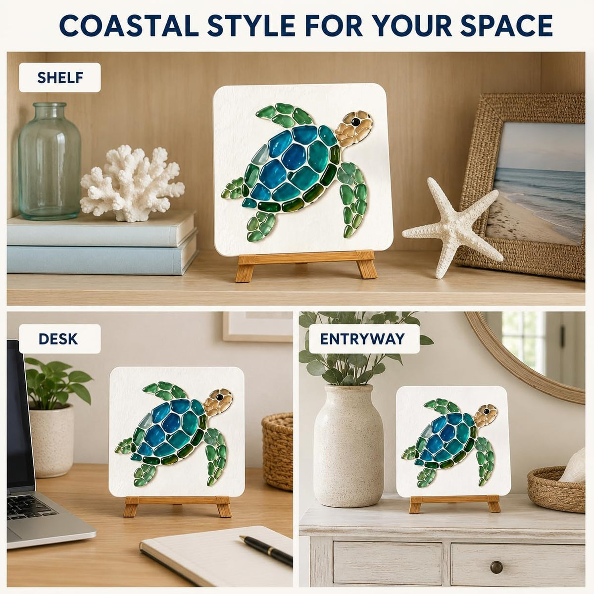 DIY Sea Glass Art Kit, Mosaic Craft Kit with Board, Stand and Glue (Type A) Sea glass art kit with board, stand, tweezers, instructions and glue stick for creating an ocean-inspired display.