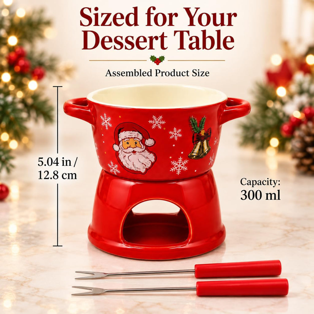 christmas chocolate fondue mug, 300ml Ceramic Set with 2 Dipping Forks Red ceramic bowl and candle base with 2 dipping forks; 300ml capacity. Candle and food are not included.