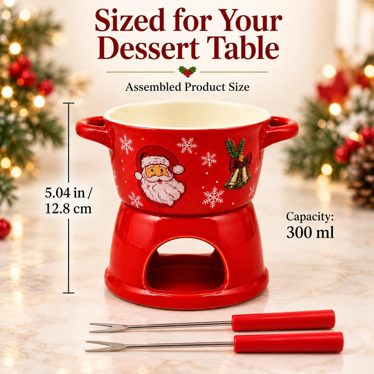 christmas chocolate fondue mug, 300ml Ceramic Set with 2 Dipping Forks Red ceramic bowl and candle base with 2 dipping forks; 300ml capacity. Candle and food are not included.