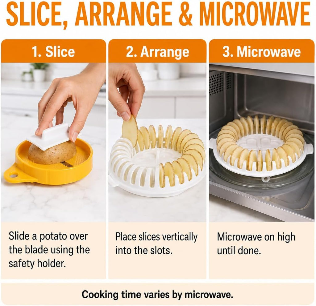 DIY Microwave Potato Chip Maker with Slicer Bowl Set, PP, 23 cm Microwave potato chip maker with slicer bowl set, made of PP and sized 23 cm diameter x 5 cm high for compact DIY snack prep.