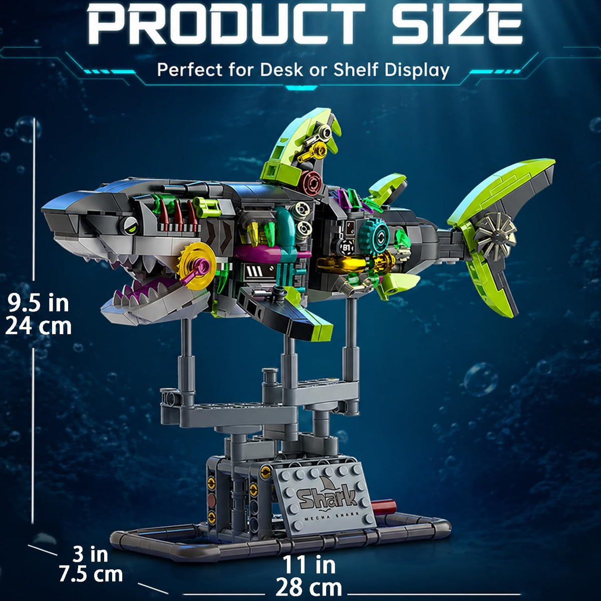 Mechanical Shark Building Set, Glow Shark Model with Rotatable Joints & Stand