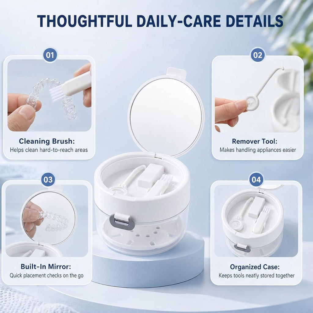 Retainer Cleaner Case Travel Storage Box With Drain Tray (3 Pcs) Stores And Soaks Retainers Safely For Daily Cleaning At Home Or While Traveling