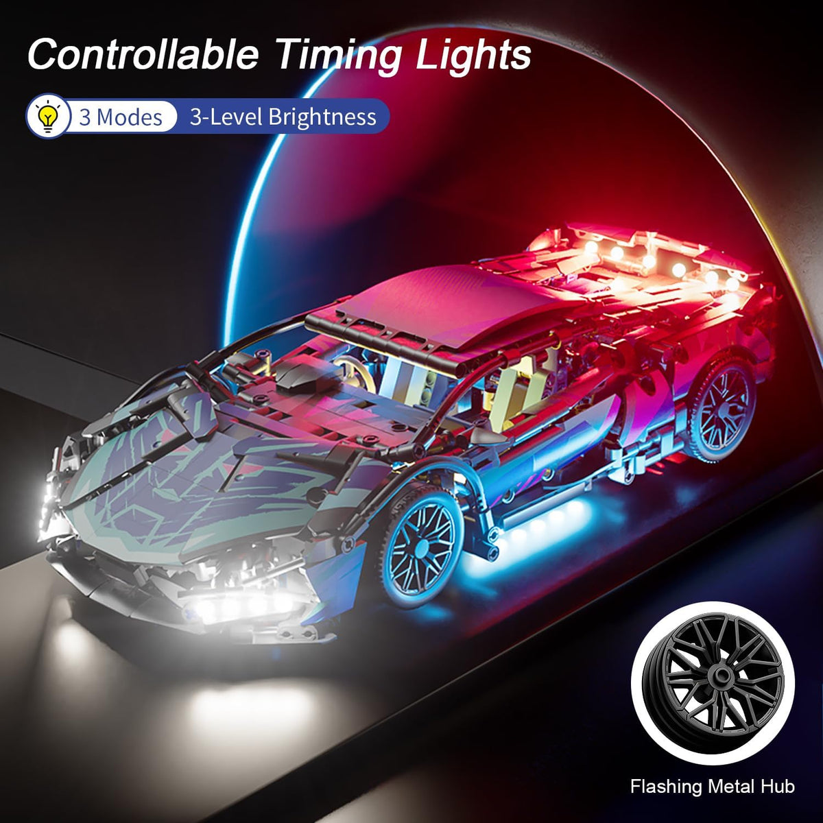 1:14 Sport Car Building Blocks, Technical Racing Model with LED Lights