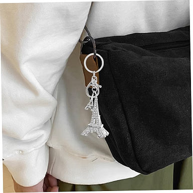 Eiffel Tower Keychain Charm with Rhinestone Zinc Alloy Silver Decor Backpack and Bag Accent, Intricate Cut Design, Versatile Style, Holiday Gifting, Longterm Use