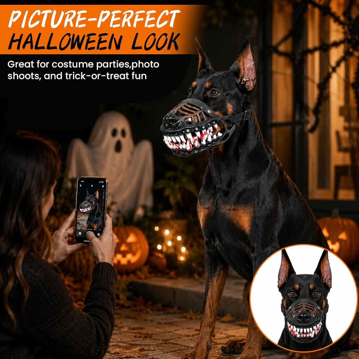 Scary Dog Muzzle Mask, Halloween Hellhound Monster Teeth Costume for Medium and Large Dogs (L)
