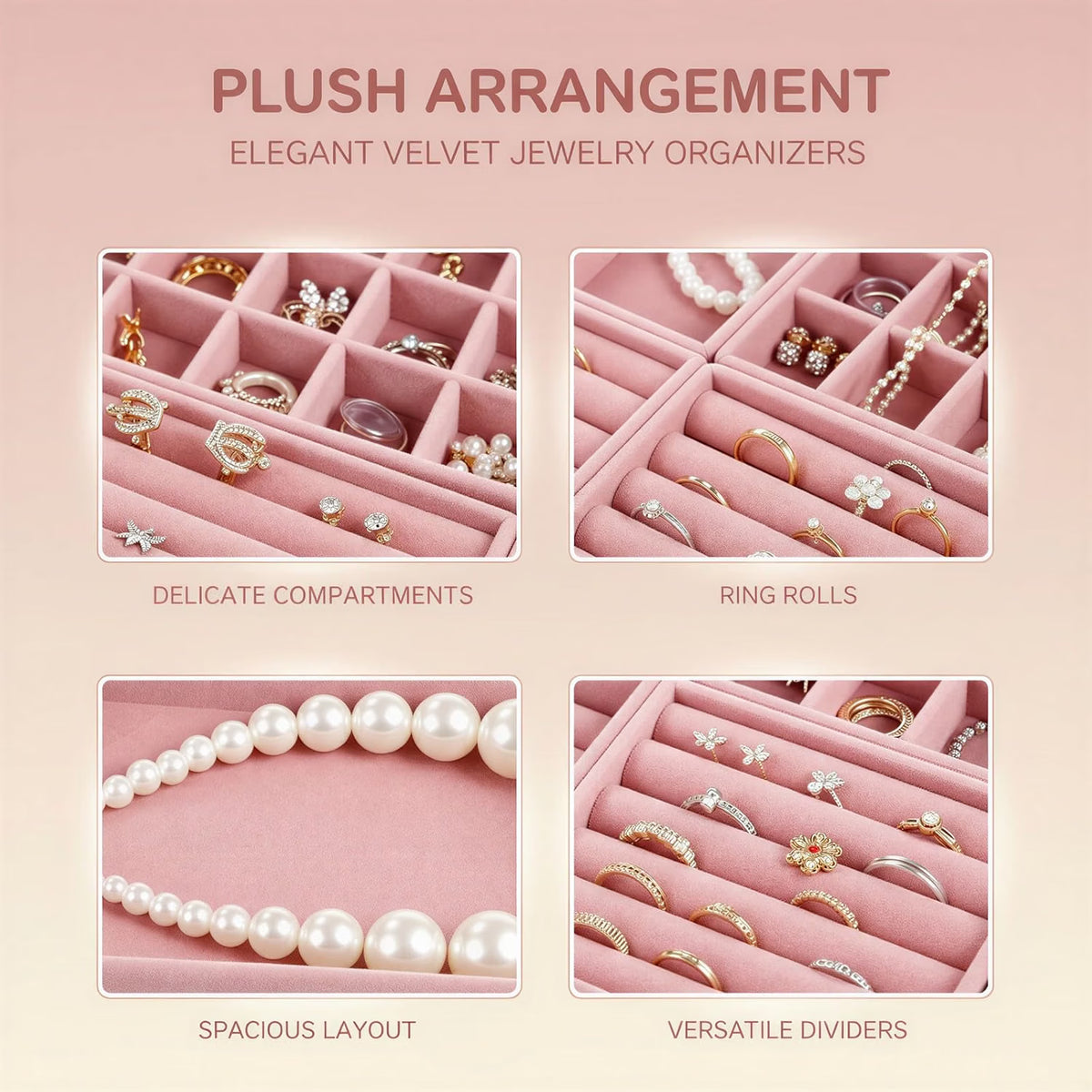 Velvet Jewelry Drawer Organizer Trays, Stackable Compartment Trays with Detachable Dividers