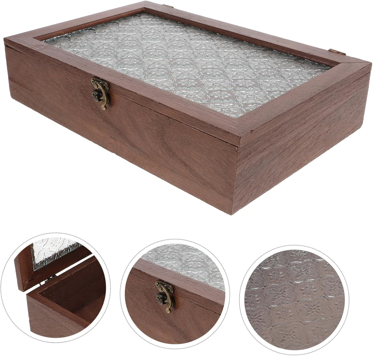 Wooden Jewelry Storage Box for Rings and Keys with Lid Coffee Tone, Antique Retro Style, Glass Top, Delicate Keepsake Organizer for Anniversary and New Year