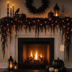 Halloween Garland with Lights Black Vine Mantel Decor (1.8M) Spooky Lighted Design Creates A Dark Holiday Atmosphere For Mantels, Stairs, Doors And Party Spaces.
