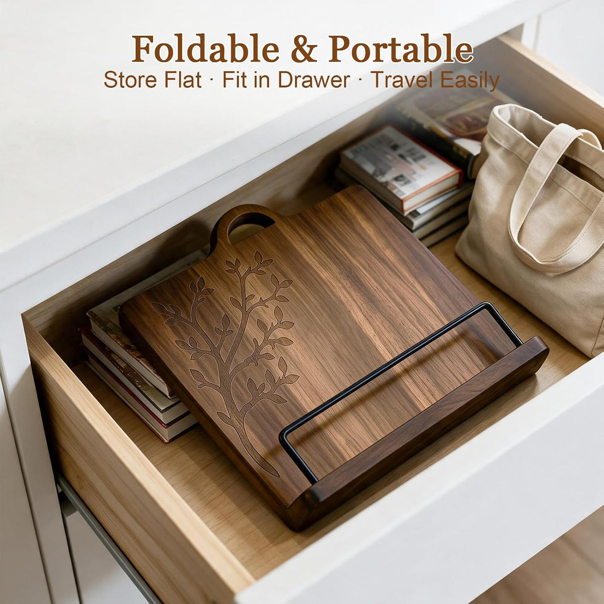 Acacia Wood Cookbook Stand for Kitchen Counter - Wooden Recipe Book Holder