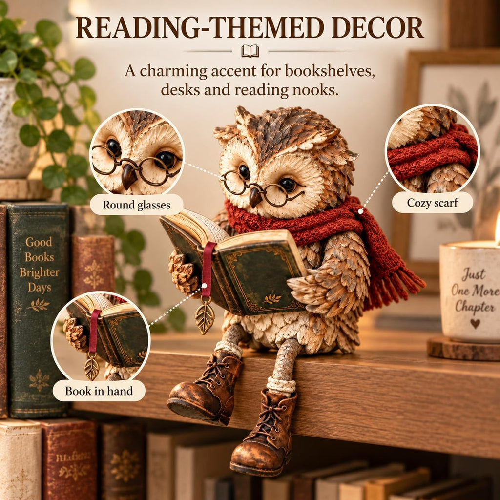 Reading Owl Figurine with Book, Owl Statue for Bookshelf Decor, 15x10x18 cm Reading owl figurine with book for bookshelf, desk, reading nook, shelf, and home decor; 15 x 10 x 18 cm, 240 g.