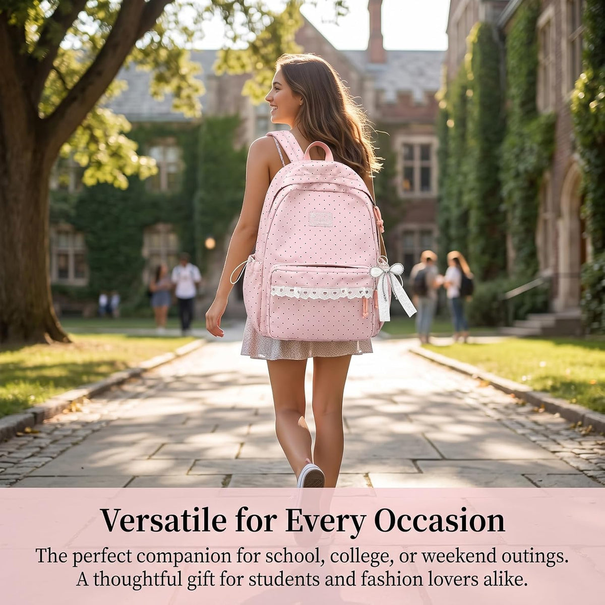 Coquette Backpack Light Yellow Lace Backpack With Bow Accessories, Cute Kawaii Daypack For Laptop, Polka Dot Design (Pink)