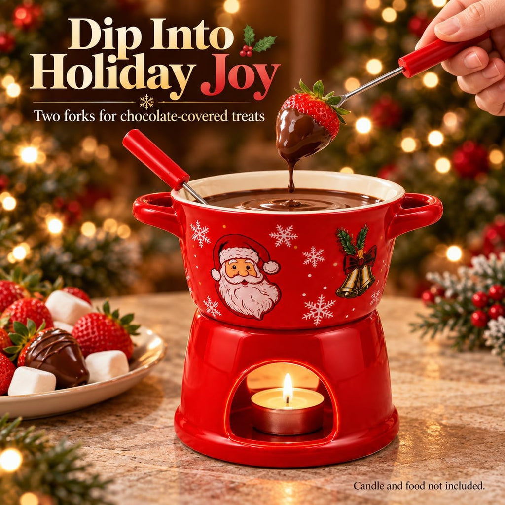christmas chocolate fondue mug, 300ml Ceramic Set with 2 Dipping Forks Red ceramic bowl and candle base with 2 dipping forks; 300ml capacity. Candle and food are not included.