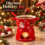 christmas chocolate fondue mug, 300ml Ceramic Set with 2 Dipping Forks Red ceramic bowl and candle base with 2 dipping forks; 300ml capacity. Candle and food are not included.