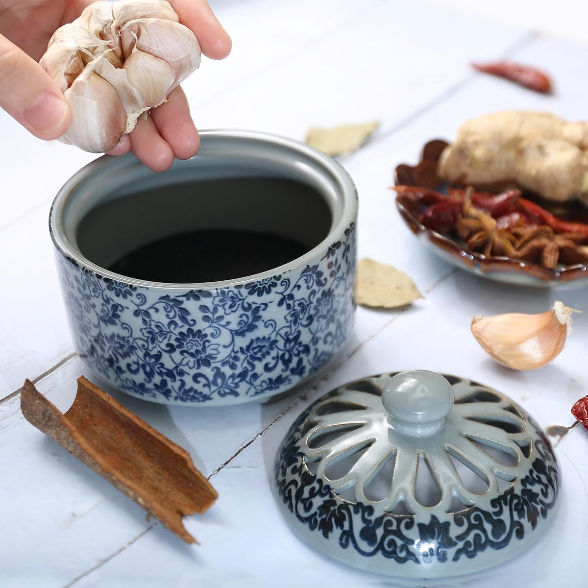 Ceramic Garlic Keeper with Breathable Lid, 4-Inch Countertop Storage Container