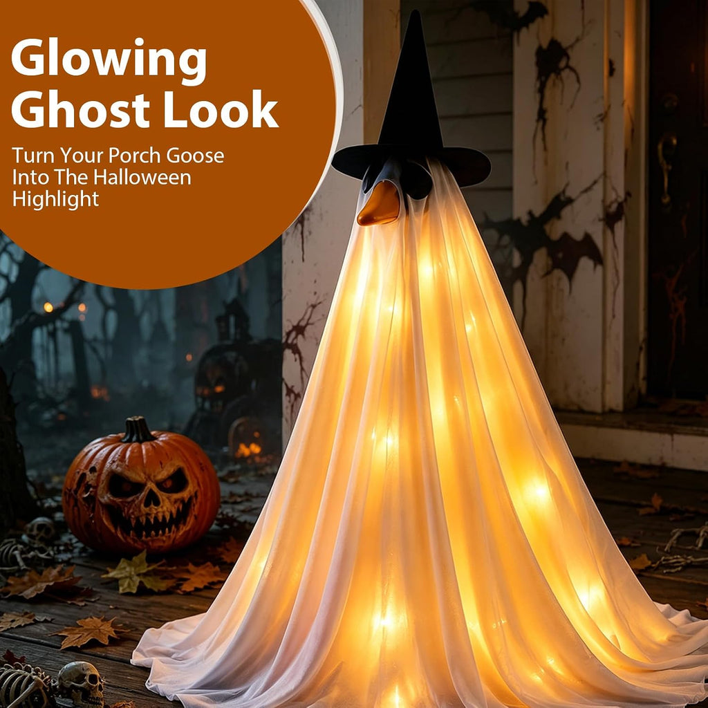 Halloween Goose Outfits, Porch Goose Lighted Ghost Clothes, 23 inch Spooky Ghost Goose Costume with Hat and String Lights, Outdoor Porch Yard Decor