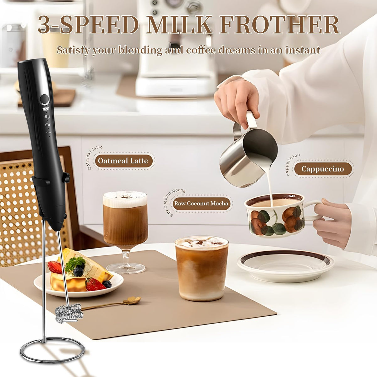 Rechargeable Handheld Milk Frother with 2 Whisk Heads & Stand, Black