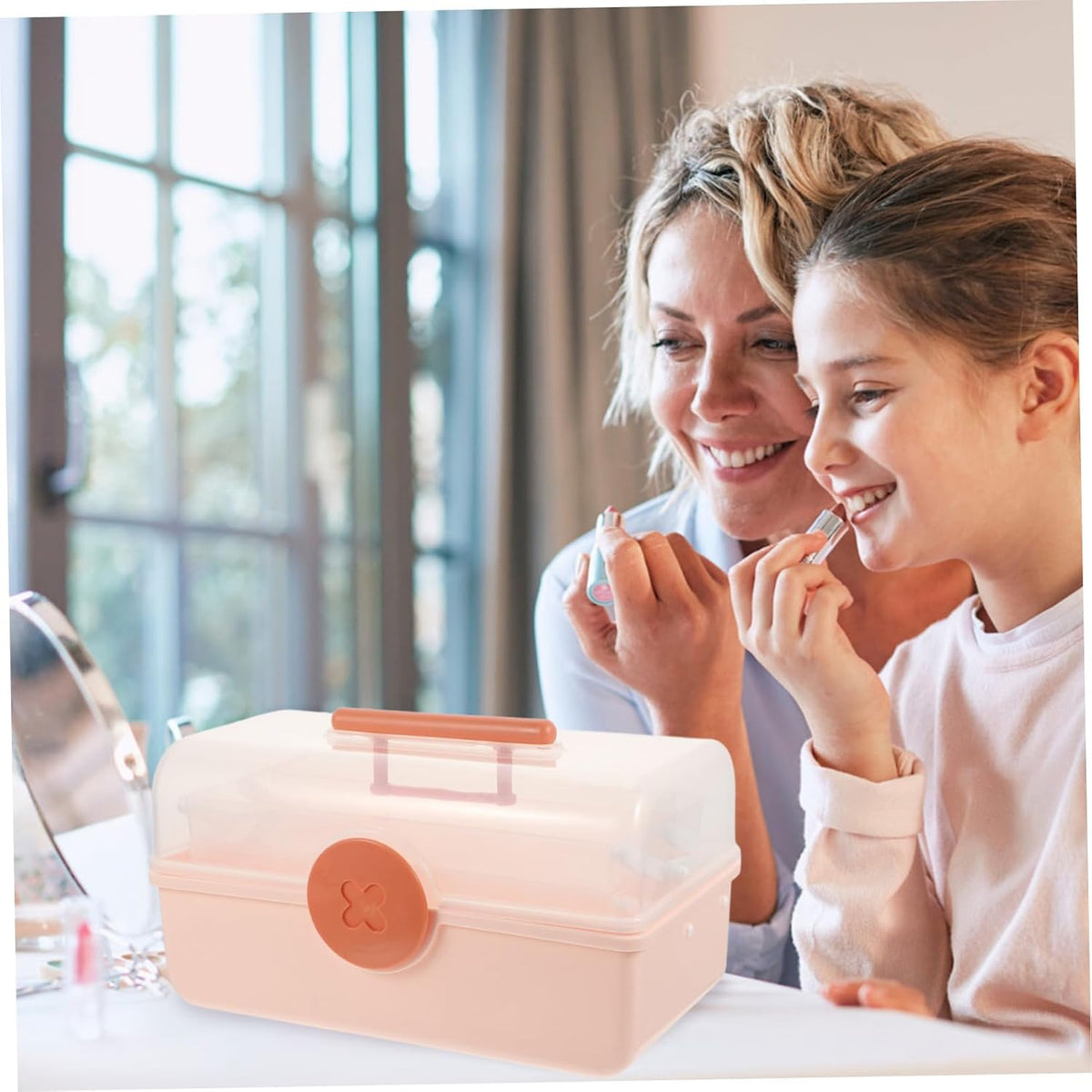 Pink Large Multi Layer PP Hair Accessories Organizer Box for Kids Desktop Storage, Layered Design, Bobby Pins and Necklaces, Family Use, Outdoor Carry, Small Items