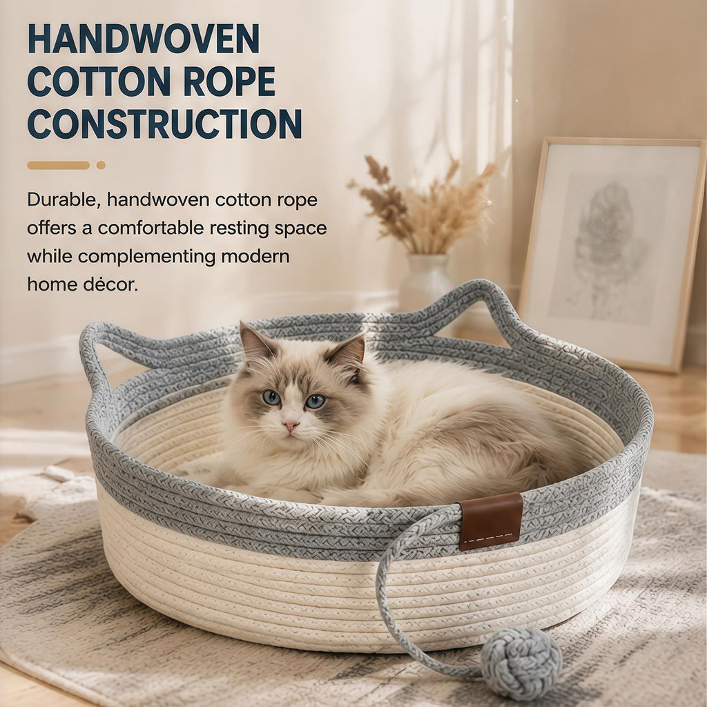 Cat Basket Bed with Cushion & Hanging Ball Toy, Handwoven Cotton Rope Nest