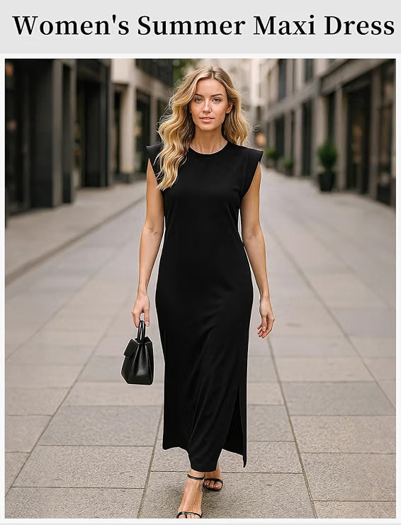 Women’s Summer Maxi Dress, Sleeveless Long Beach Dress with Pockets, Casual Loose Black Dress
