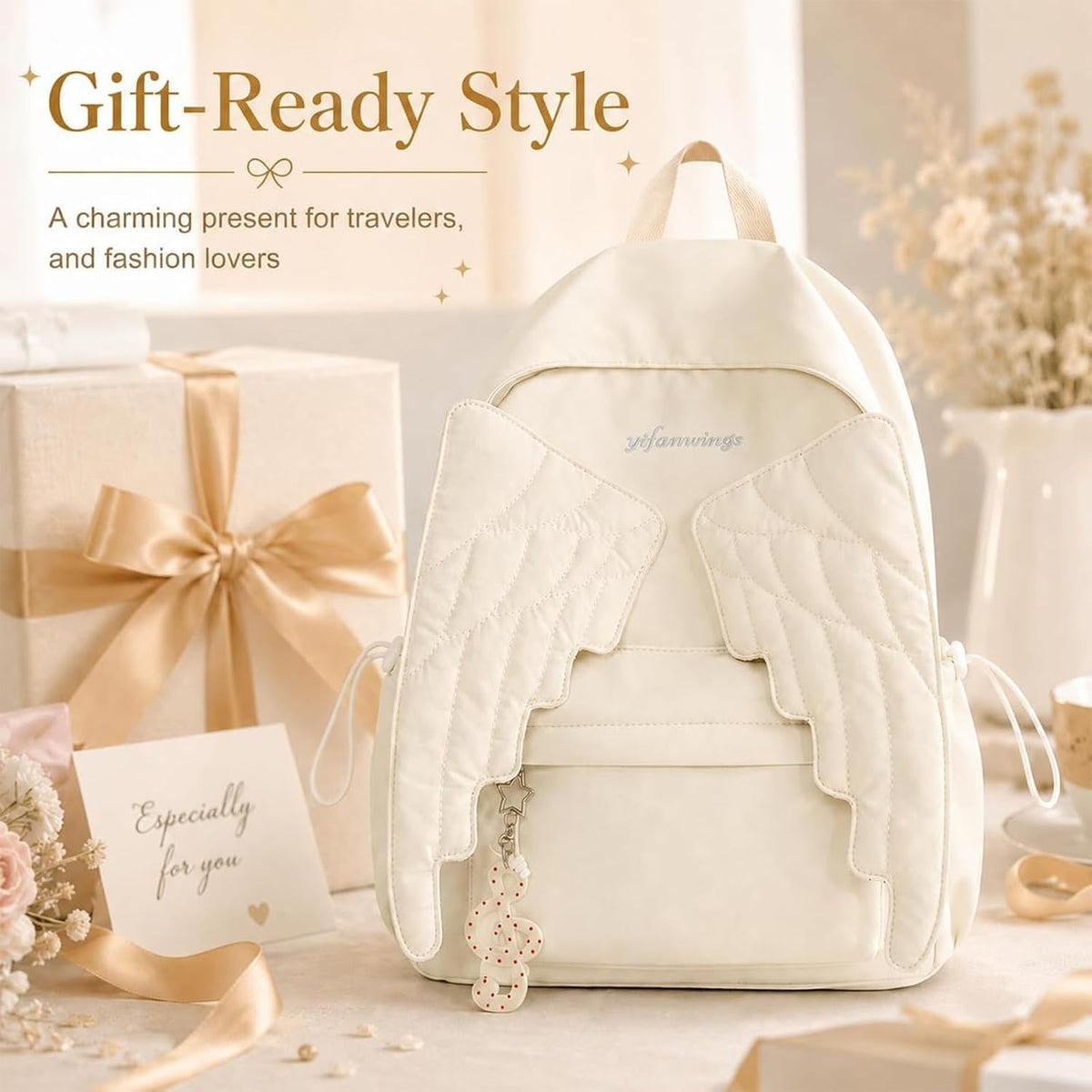 Wing Backpack Lightweight Nylon Daypack For Women Travel (White) Unique Wing Design Adds A Stylish Touch To Daily Carry, Ideal For School, Travel, Shopping And Casual Outings.