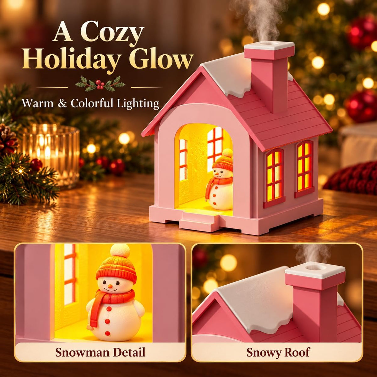 christmas village humidifier, 500ml Snow House with Light & Chimney Mist