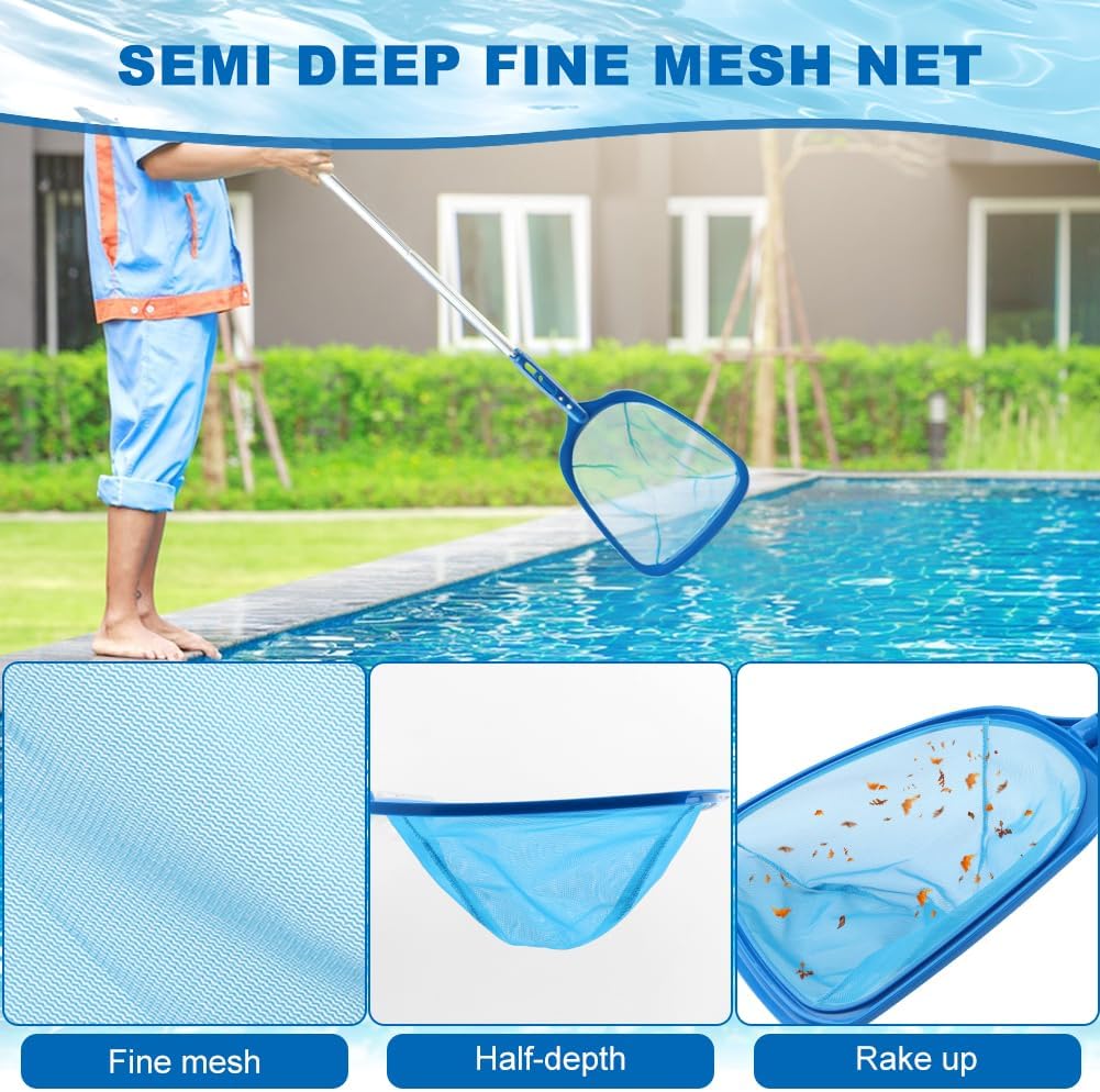 Pool Skimmer Net, Swimming Pool Cleaning Kit, Vacuum Cleaner Bottom Brush Mesh Leaf Bag Semi-deep Skimmer Net & Adjustable 47-61in Pole