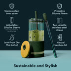 Glass Cups With Lids and Straws -20 Fl Oz- Perfect Size Iced Coffee Cup - Smoothie Cup With Bamboo Lid and On the go Lid - Glass Tumbler With Straw