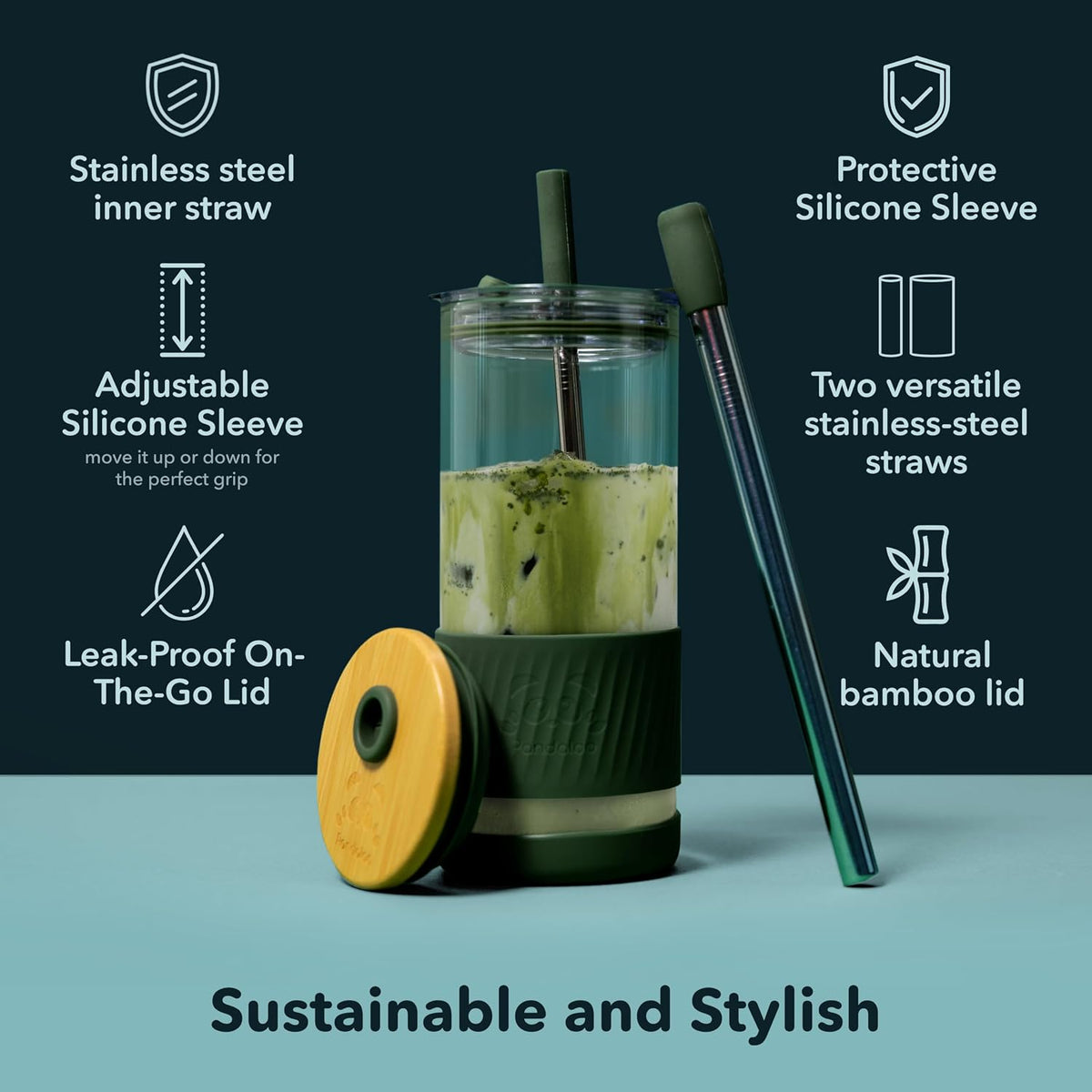 Glass Cups With Lids and Straws -20 Fl Oz- Perfect Size Iced Coffee Cup - Smoothie Cup With Bamboo Lid and On the go Lid - Glass Tumbler With Straw